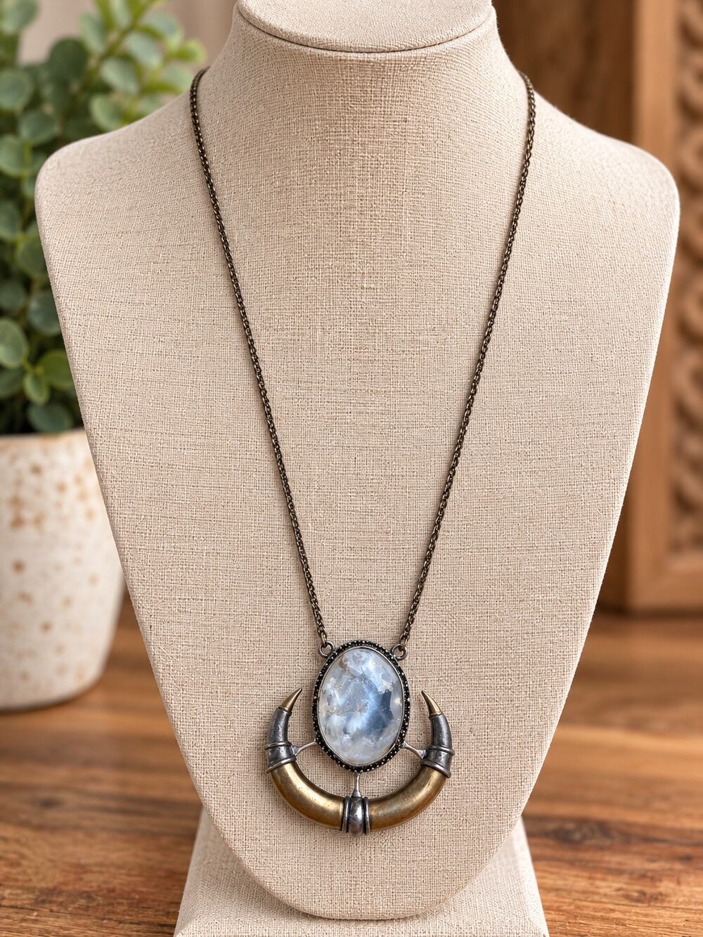 Lucky Brand Statement Necklace Moonstone Horn Crescent Pendant Mixed Metal Boho